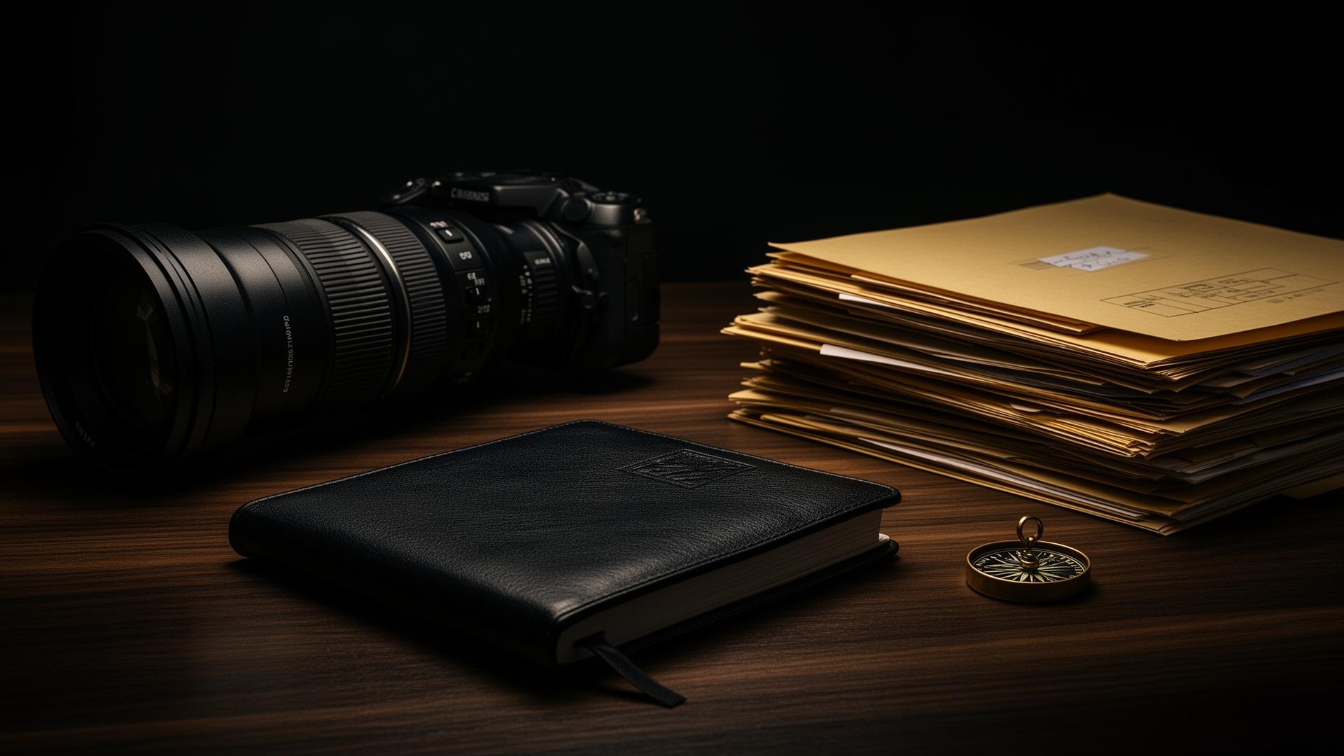 Surveillance camera, field notebook, and case files on a dark walnut desk