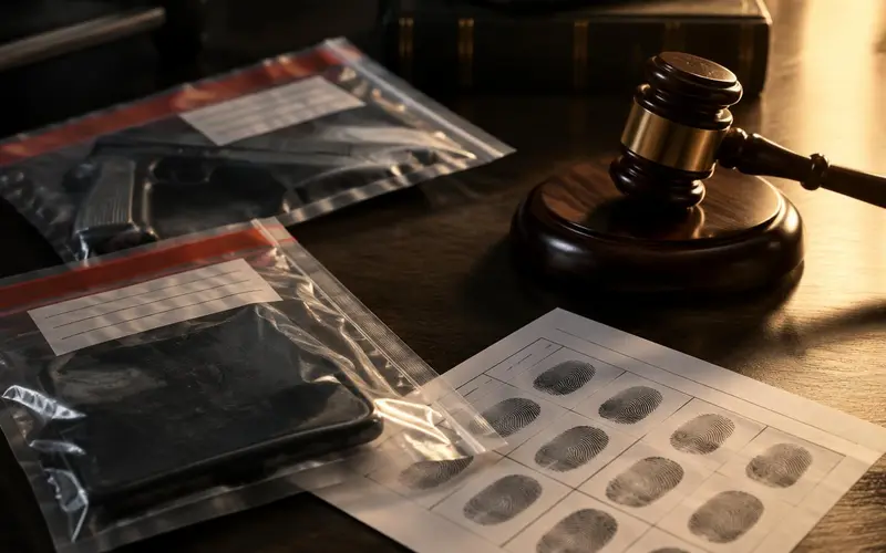 Sealed evidence bags, fingerprint card and gavel for criminal defense investigation