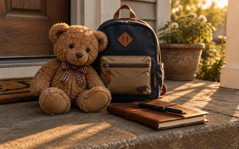 Child's teddy bear, backpack and investigator notebook on a porch for a child custody investigation