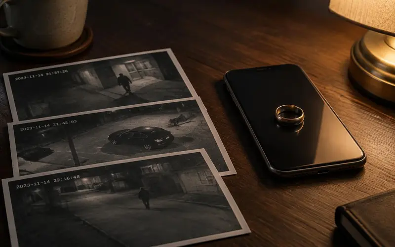 Wedding ring on a smartphone next to timestamped surveillance photos for an infidelity investigation