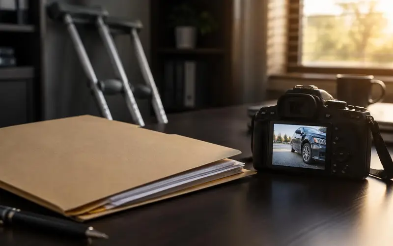 Insurance claim file, crutches and camera with photo evidence for an insurance fraud investigation