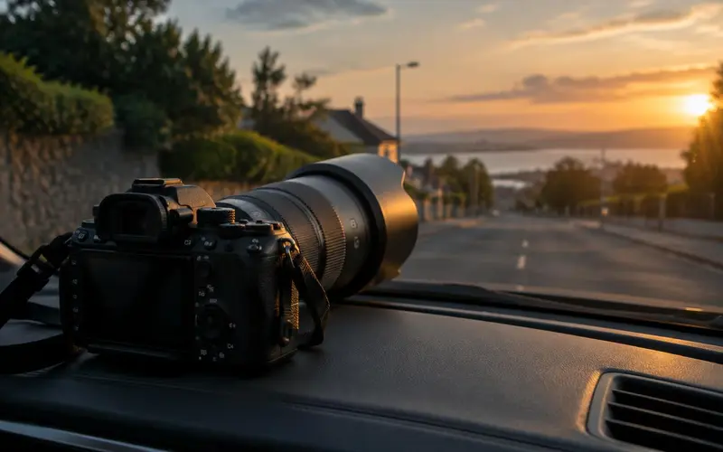 Private investigator surveillance camera with telephoto lens on a car dashboard at sunset